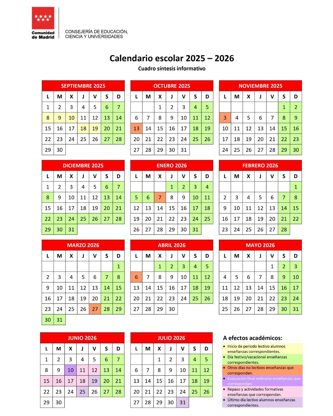 Calendario escolar de Madrid establecido por la Comunidad de Madrid para el curso 2025-2026.